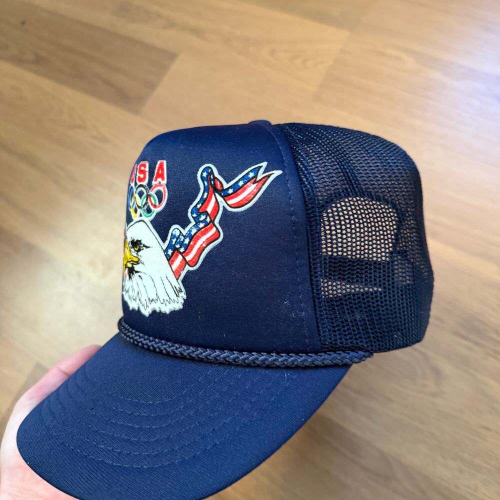 Vintage 80's Drew Pearson Team USA Olympics Bald Eagle Blue Trucker Snapback Hat - Picture 5 of 6